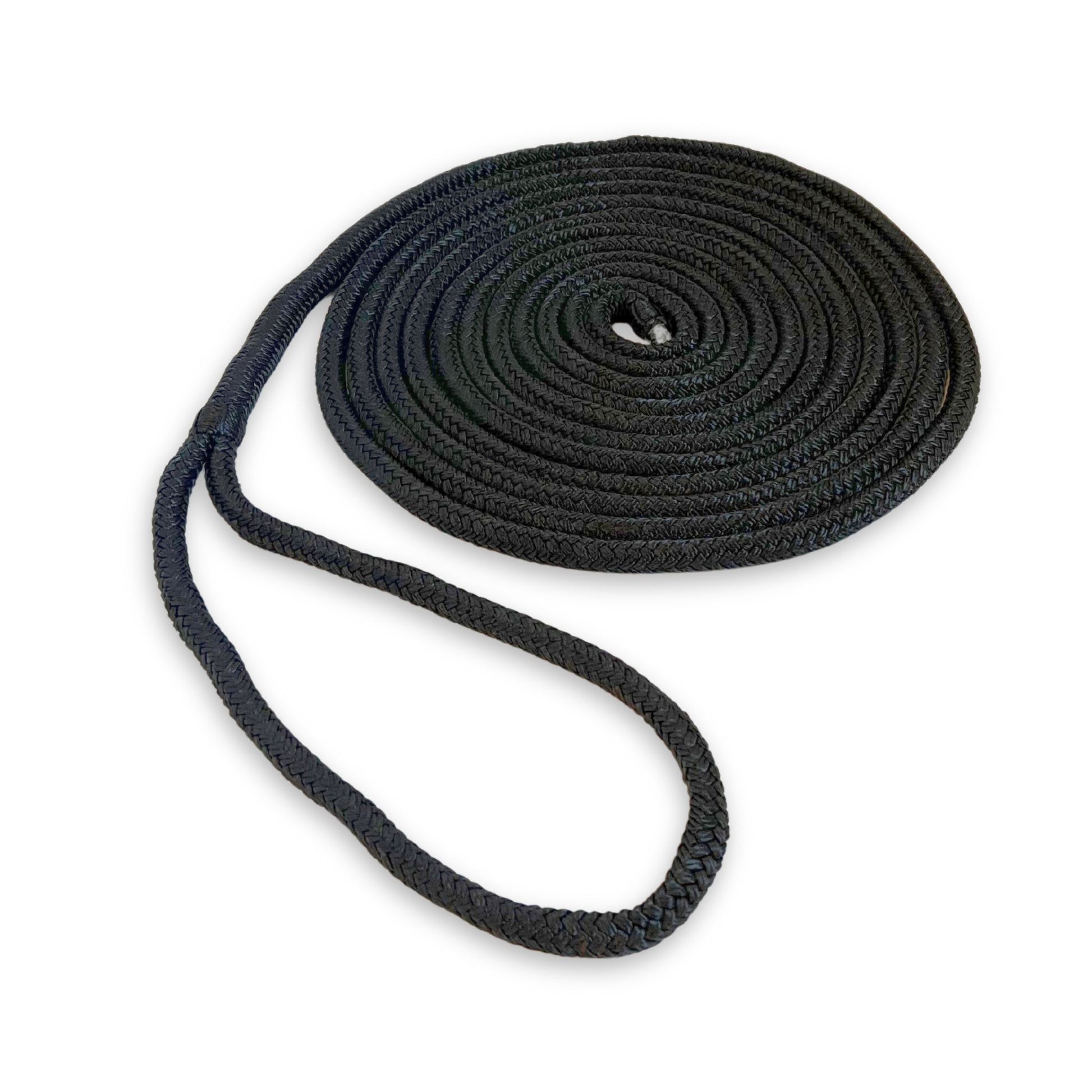 A coiled black nylon dock line 1/2 inch by 20 feet in length.