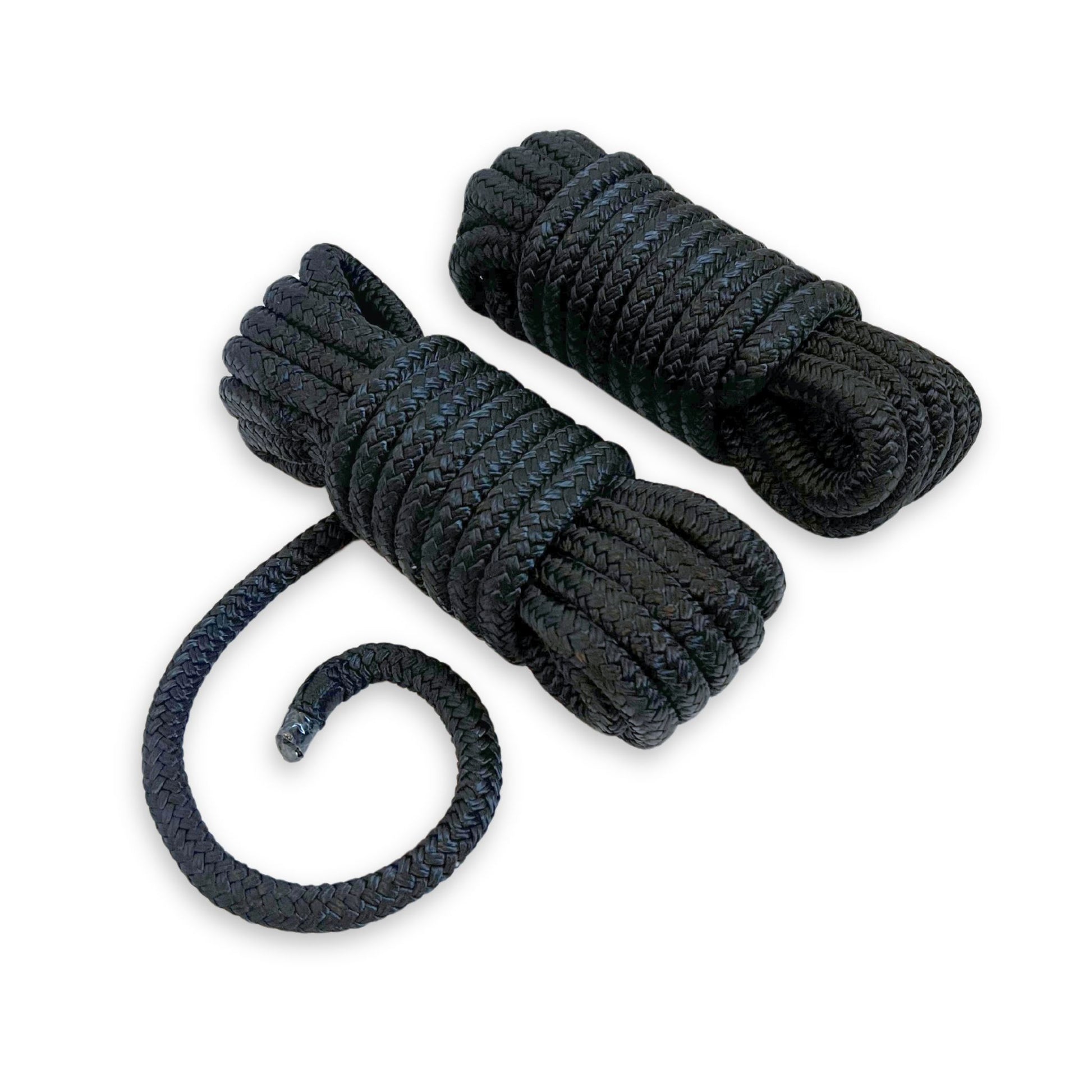 Two 1/2 inch by 20 foot black nylon braided dock lines.