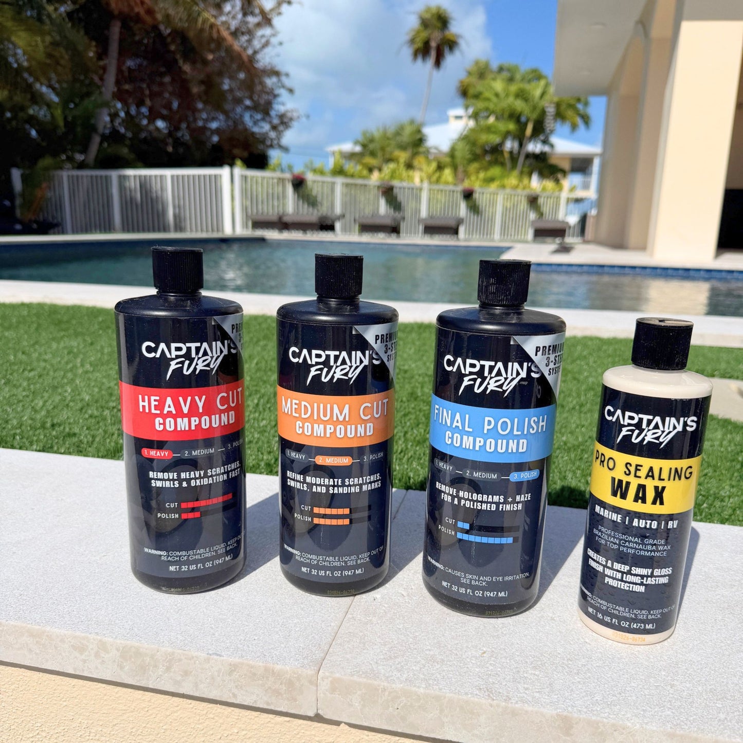 Boat refinishing kit with 3 compounds and a sealing wax.