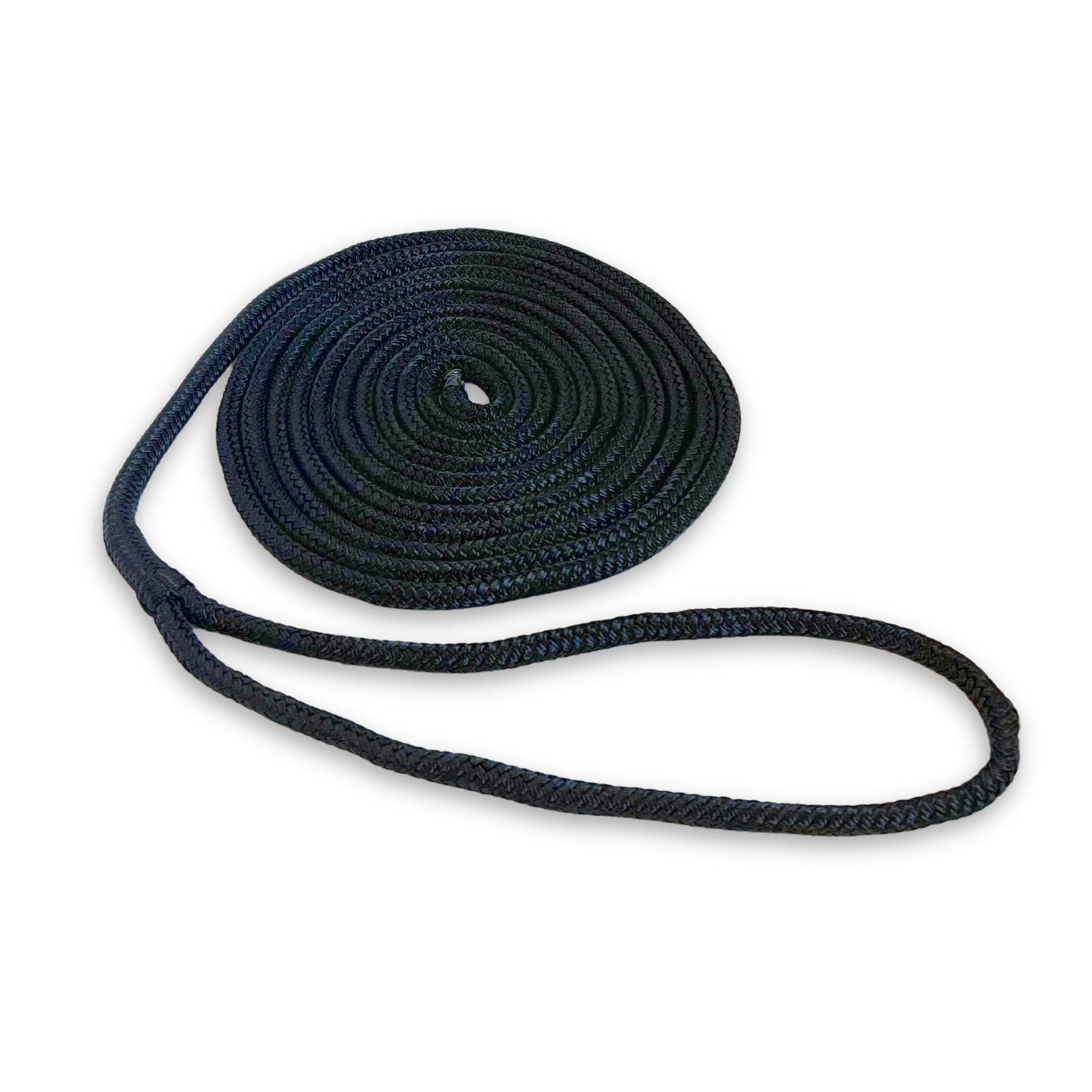 A coiled 3/8" x 15" black nylon dock line rope.