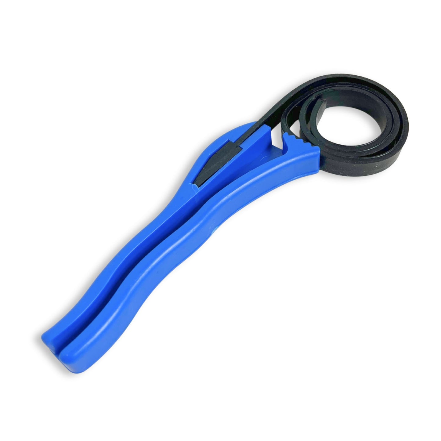 Strap wrench rubber strap wound up with blue handle.