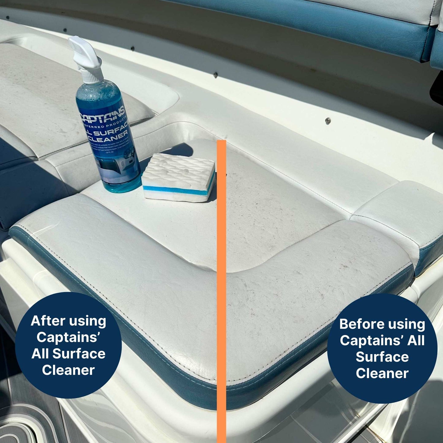 Before and after using the all surface boat cleaner.