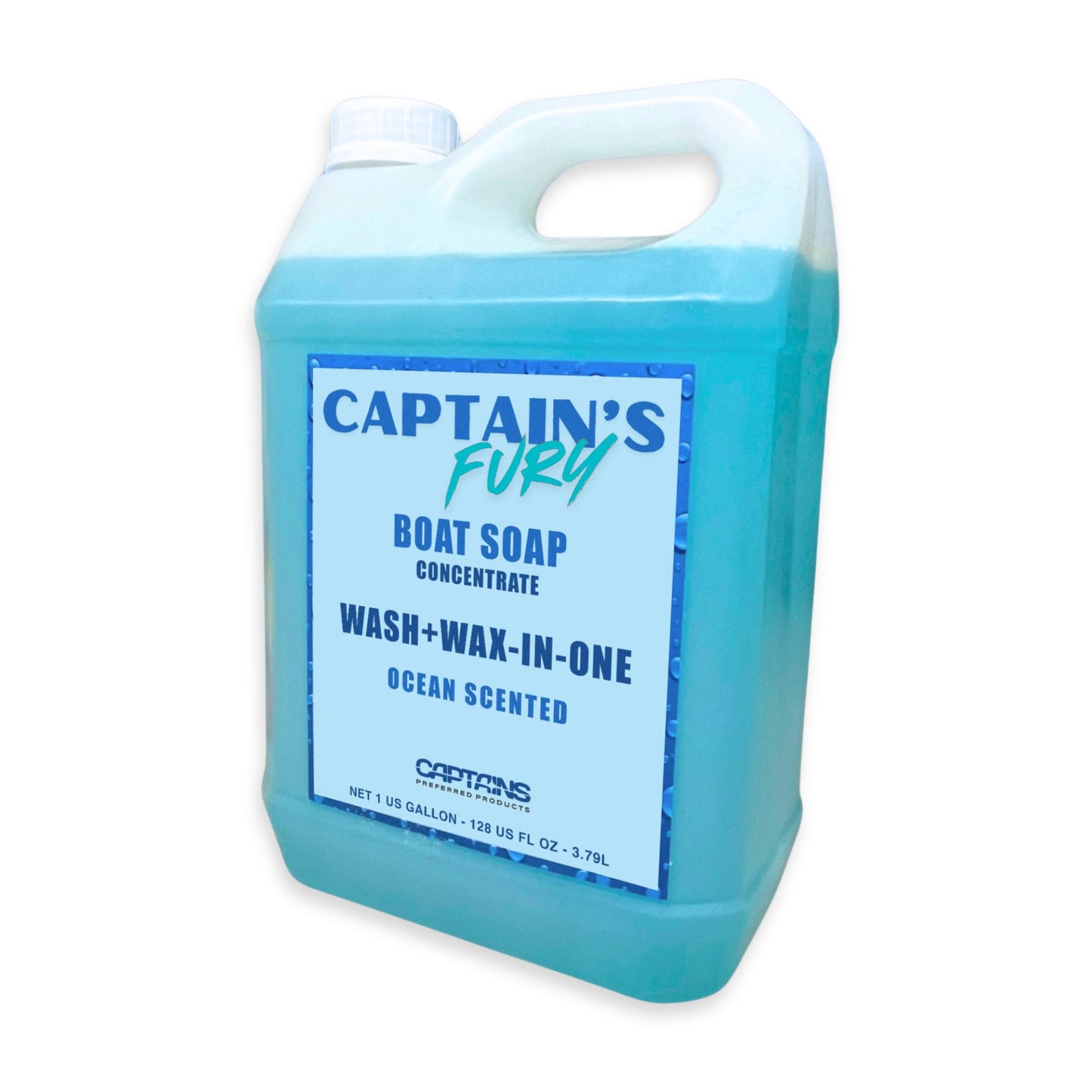Captain's Fury boat soap wash and wax for boat cleaning one gallon bottle.