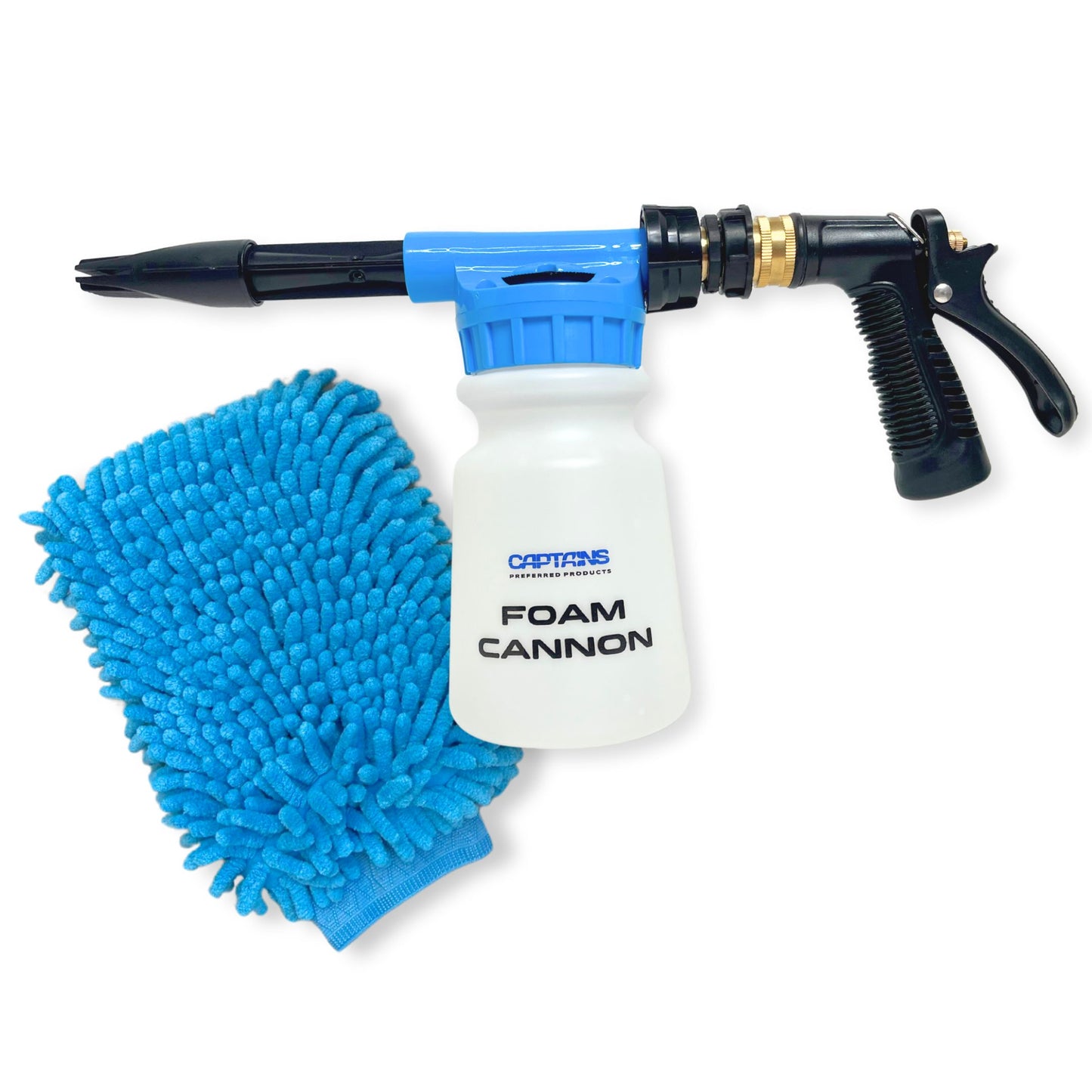 Foam cannon with wash mitt for boat and car washing.