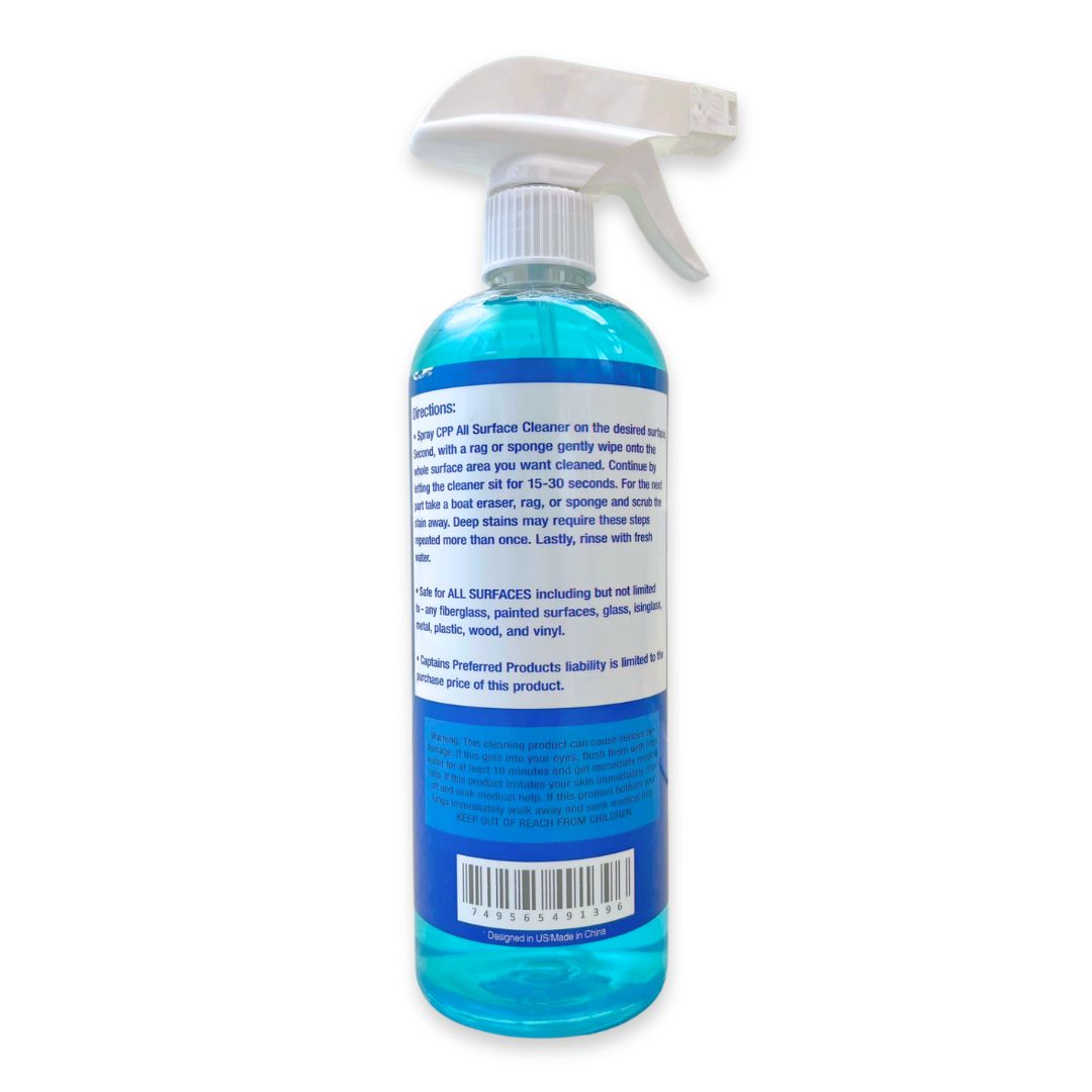 Back of bottle of Captains' All Surface Boat Cleaner.