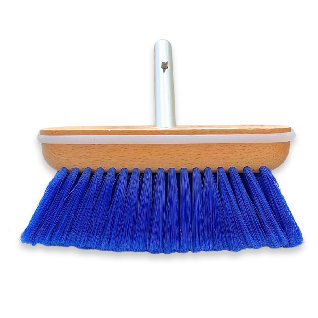 A head on shot of a boat cleaning brush with bright blue bristles.