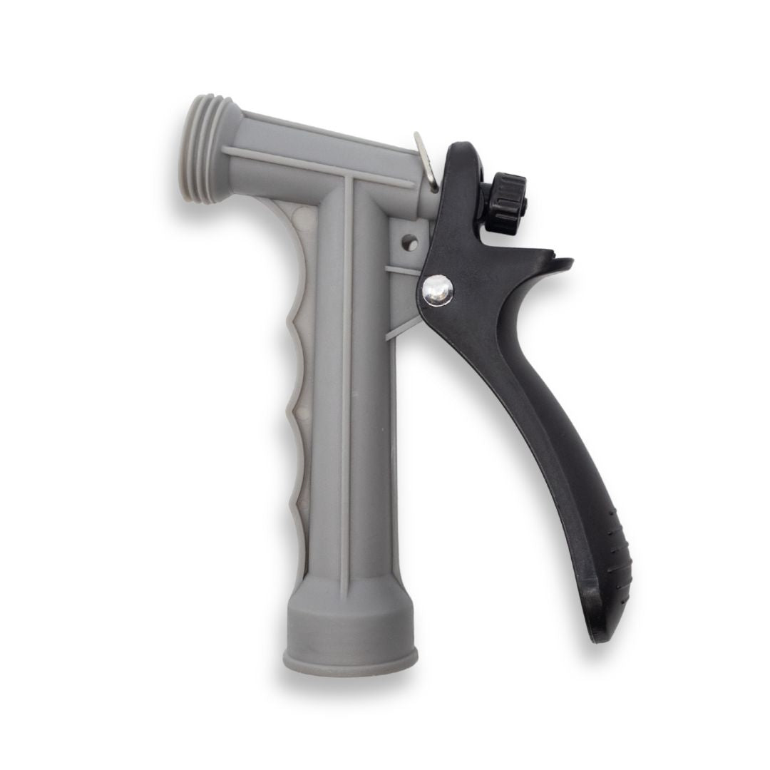 Side view of a gray hose nozzle for boats.