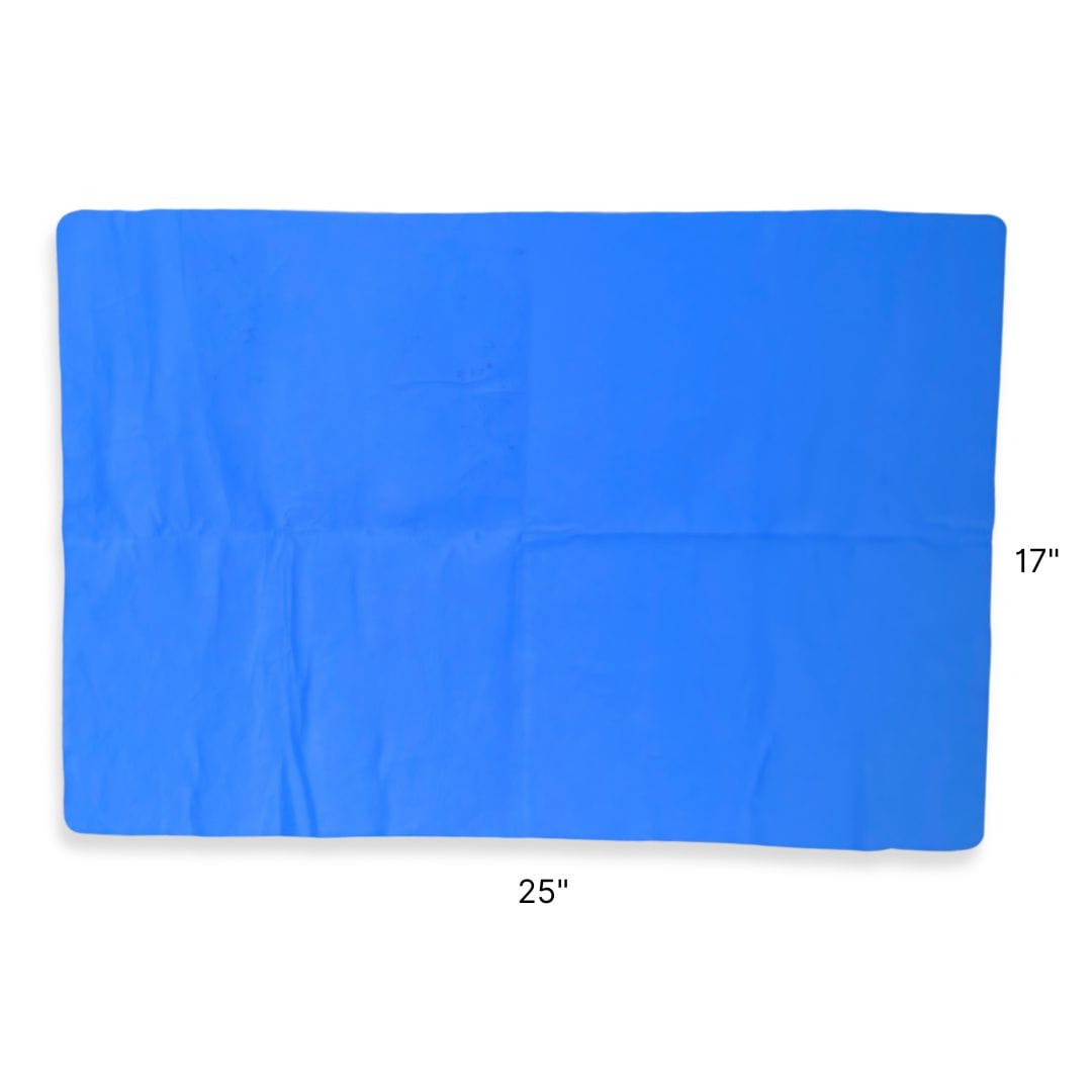 25 inch by 17 inch blue shammy drying towel laid flat.