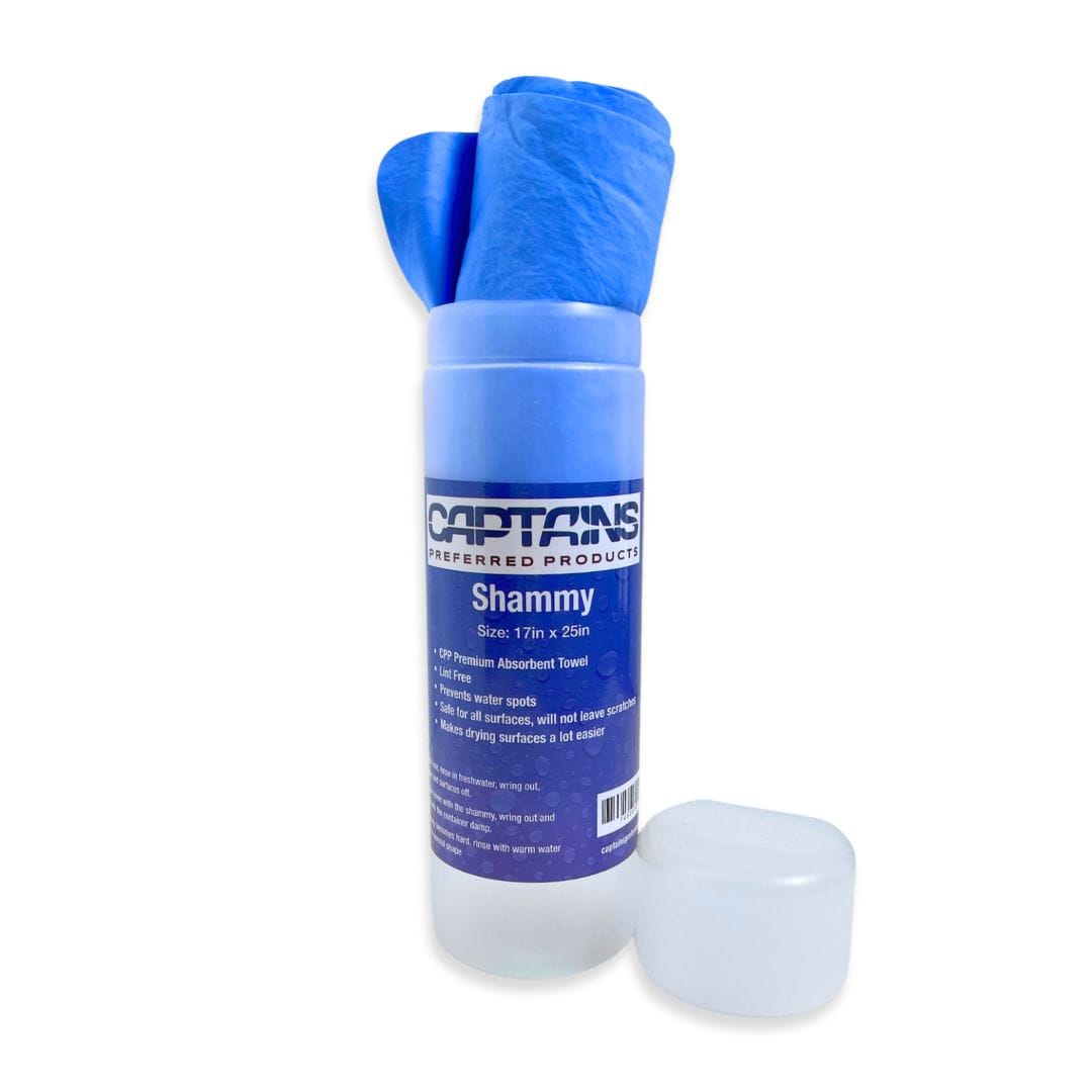 Captains Preferred Products shammy towel in canister with product label.