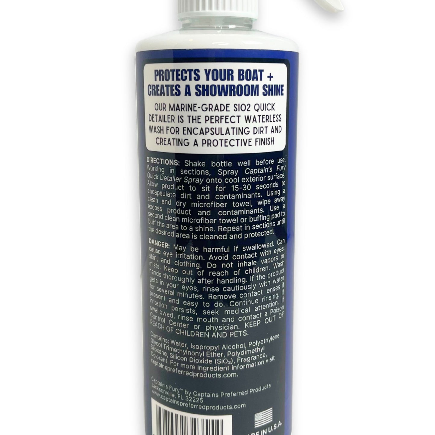 Back of quick detailer spray bottle by Captain's Fury.