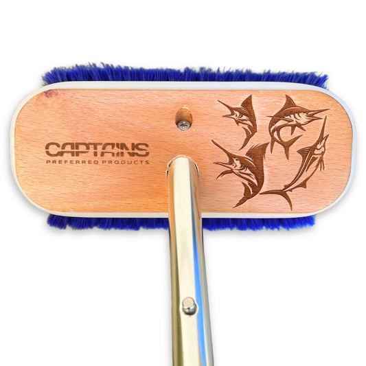 Personalized boat brush head with laser etched billfish.