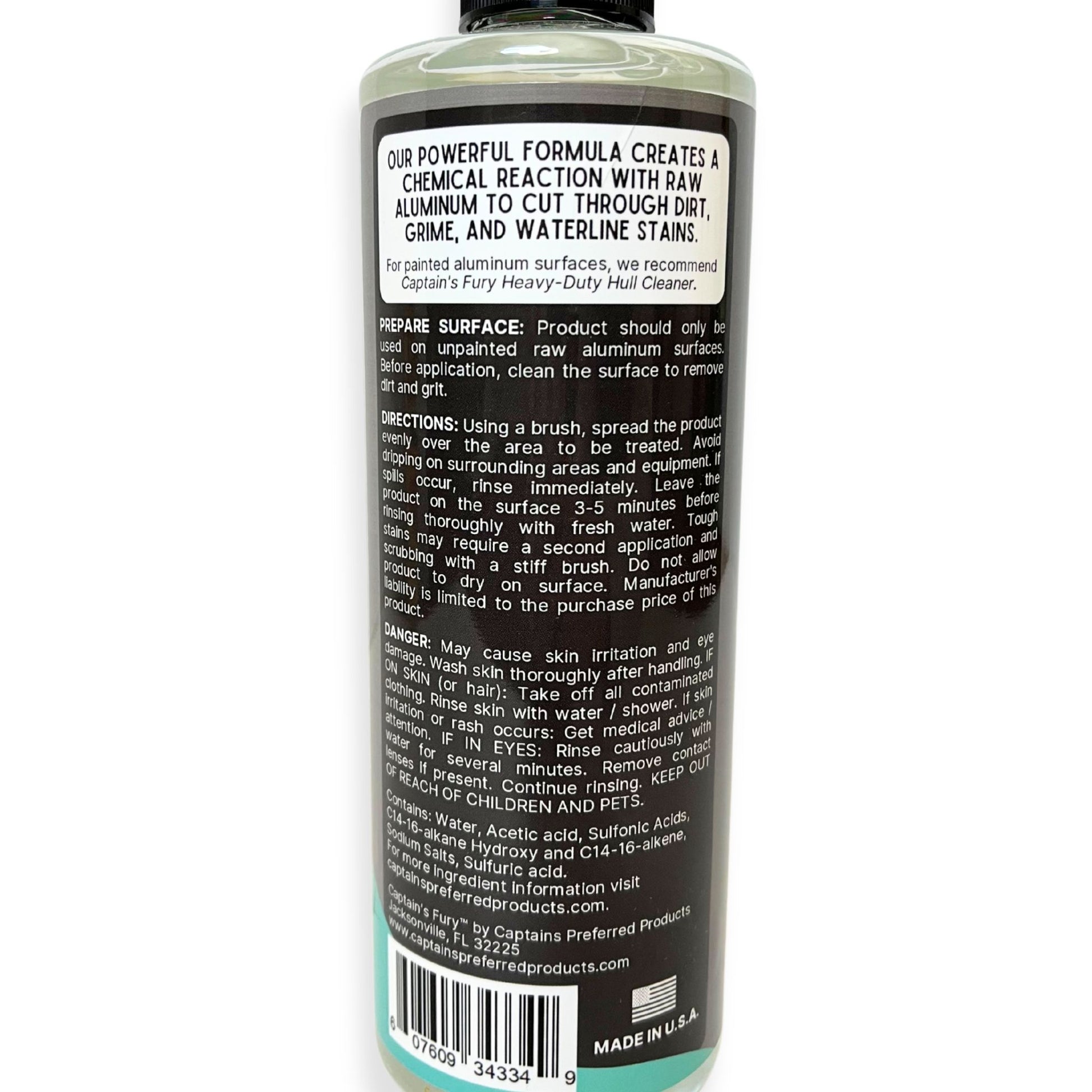 Captain's Fury Aluminum Boat Cleaner back of bottle.