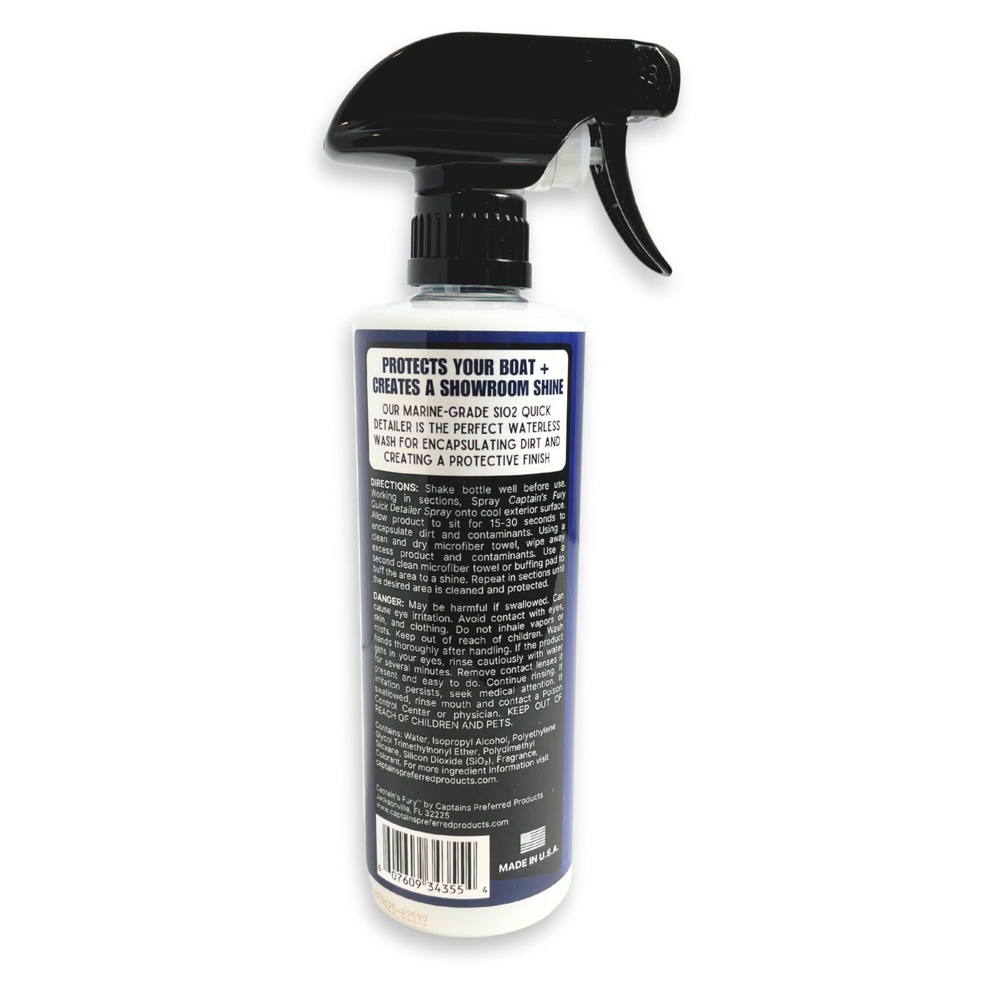 Back of label of Captain's Fury Quick Detailer Spray.