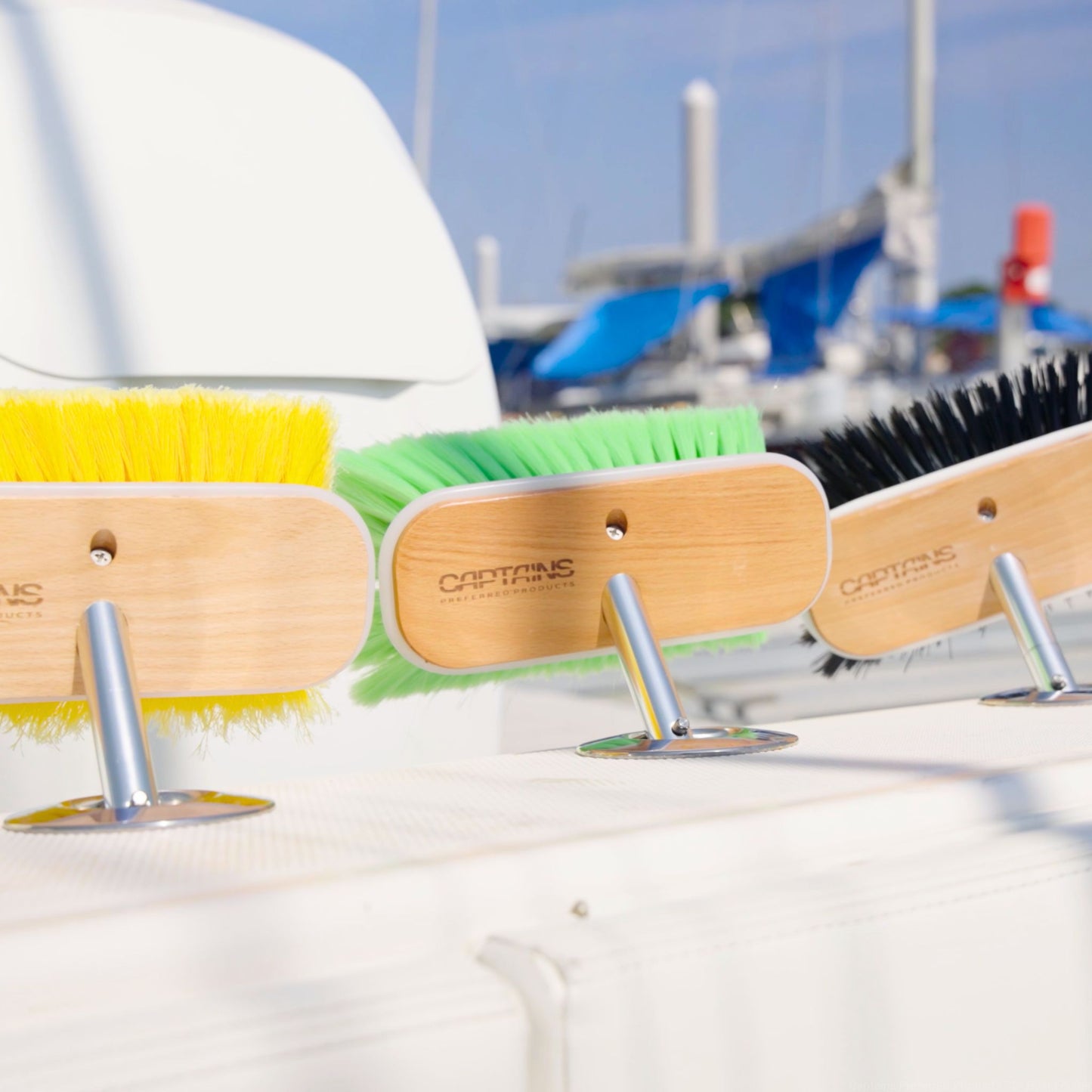 Three boat brushes for boat cleaning by Captains Preferred products.