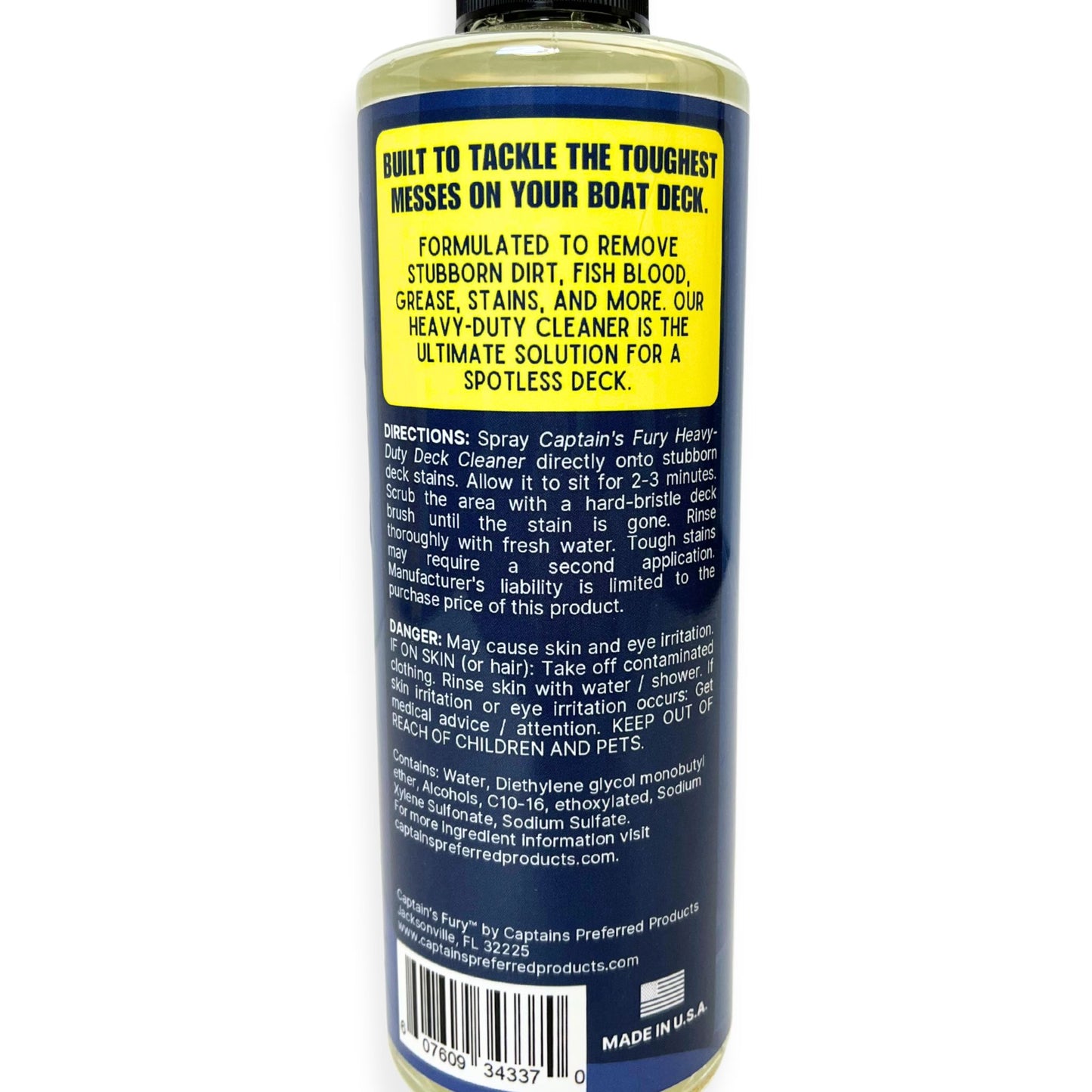 Captain's Fury Boat Deck Cleaner back of bottle.