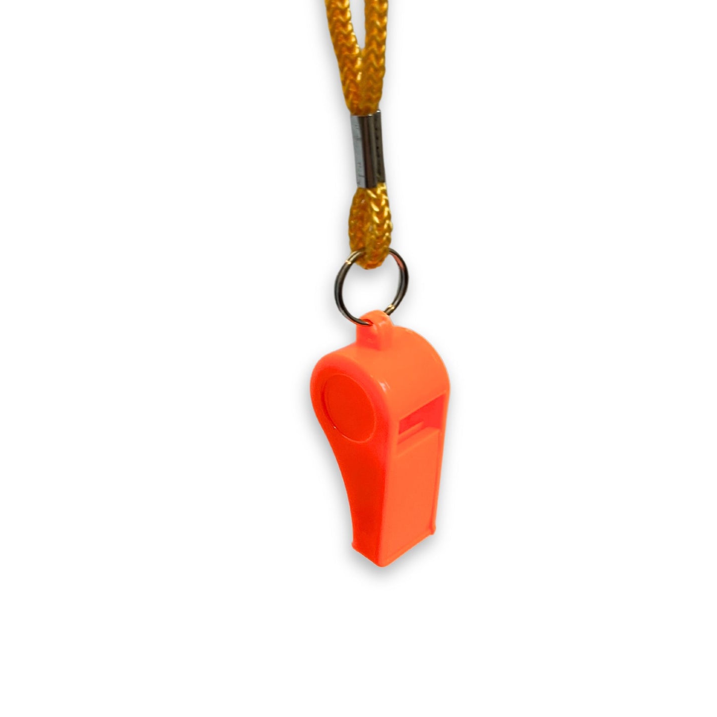 An orange safety whistle hanging on a yellow lanyard.
