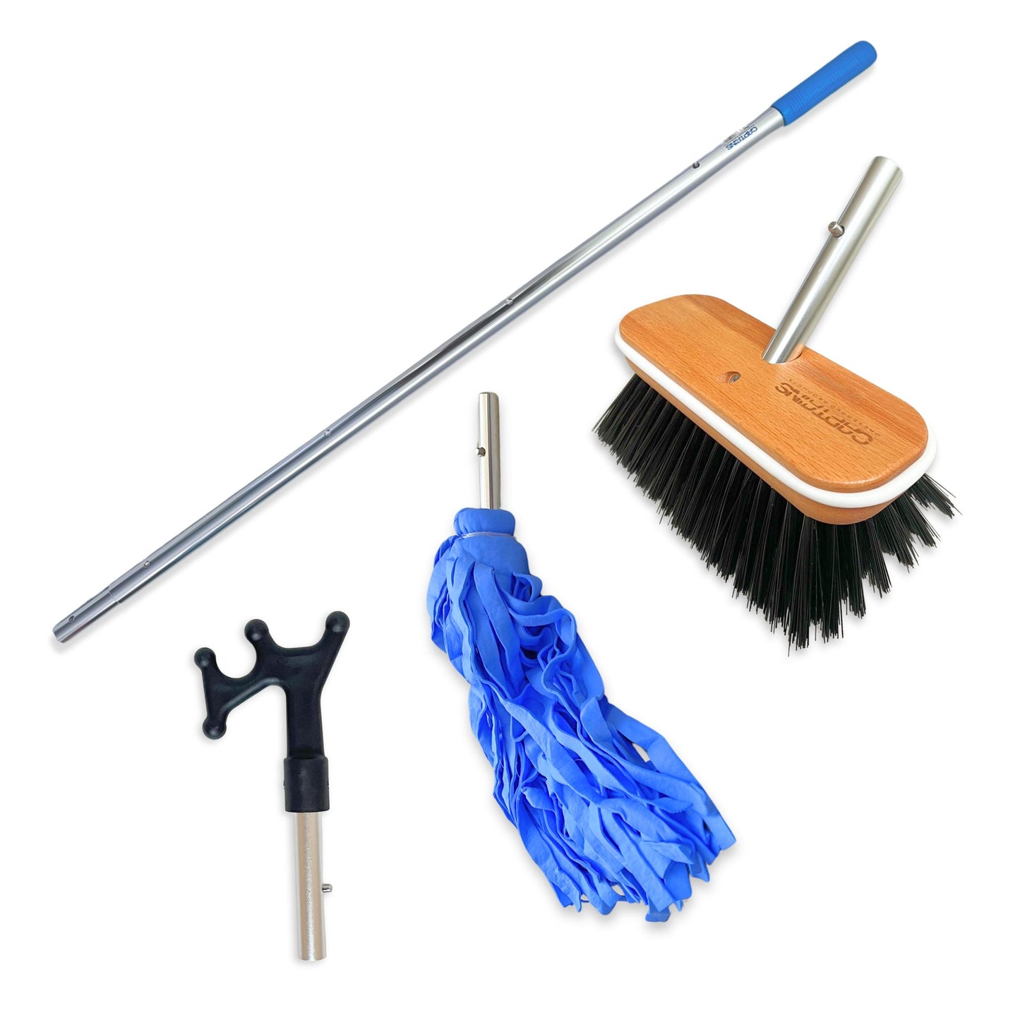 Dock and detail kit with hard bristle boat brush.
