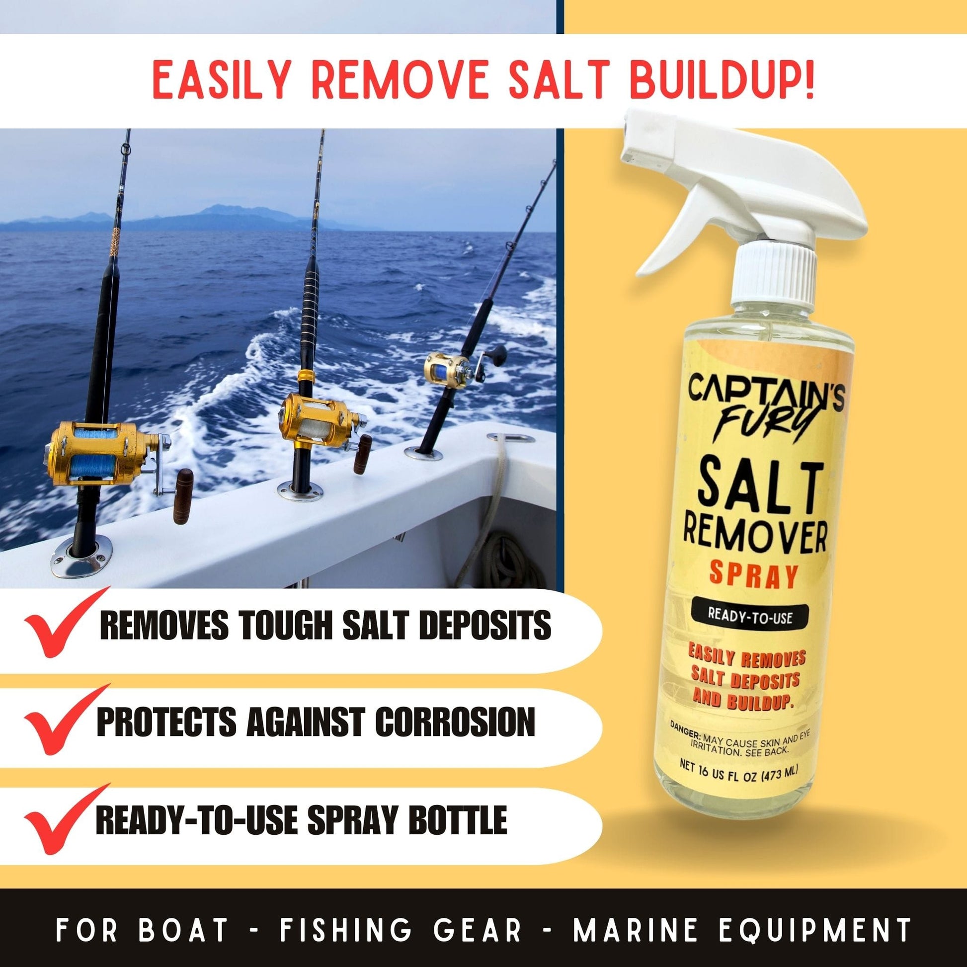 Marine salt remover spray for boats and fishing gear.