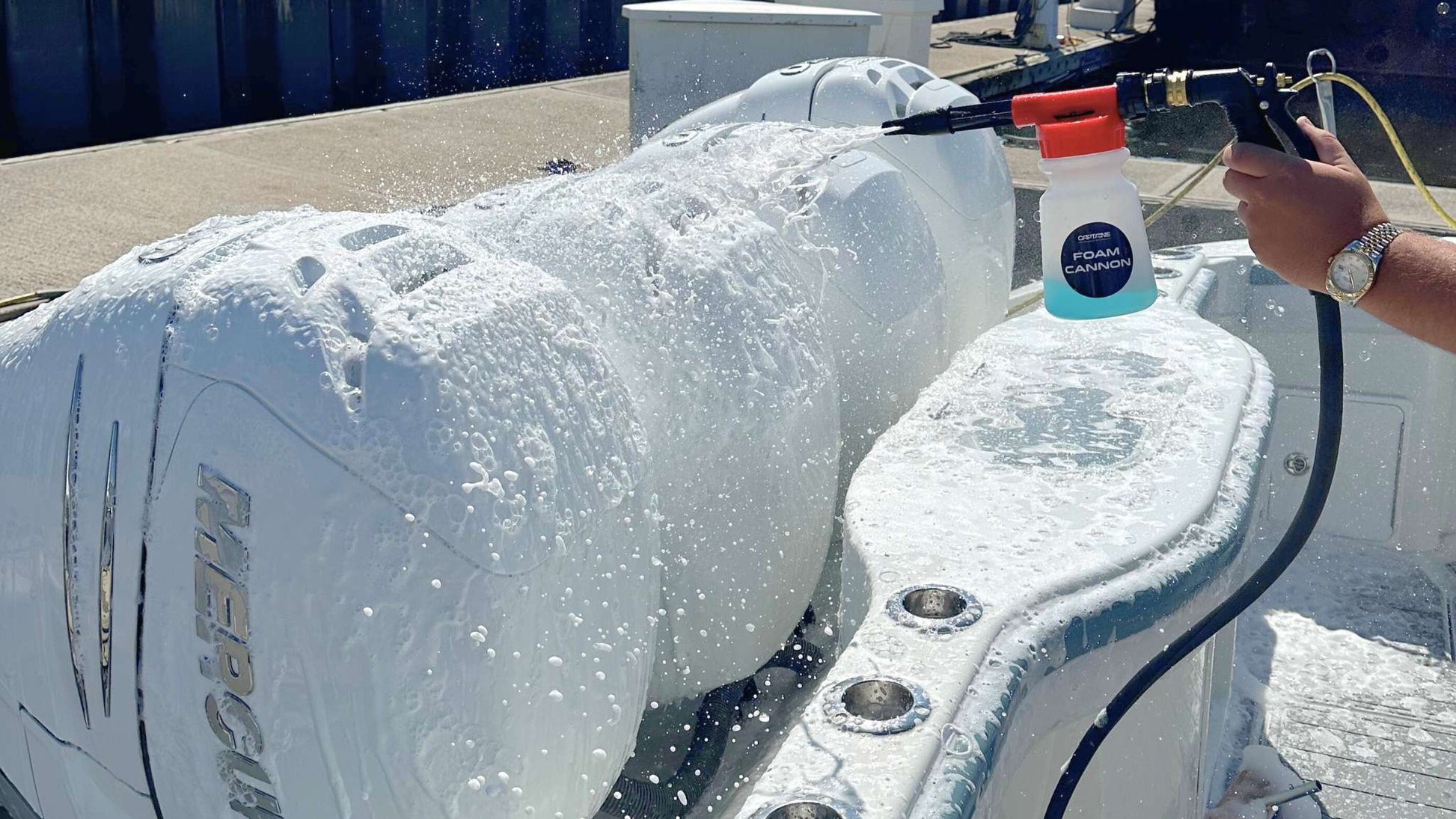 A foam cannon for hose spraying soapy foam on boat cowlings.
