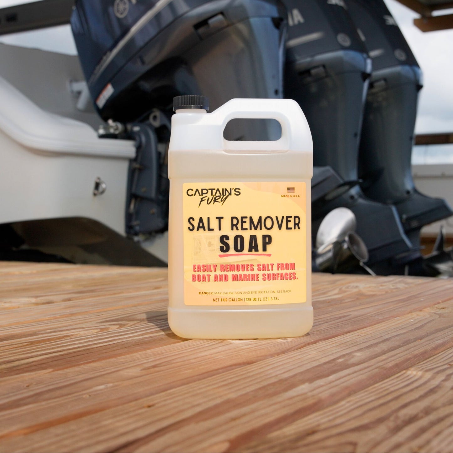 A gallon bottle of Captain's Fury Salt Remover Soap for boats.