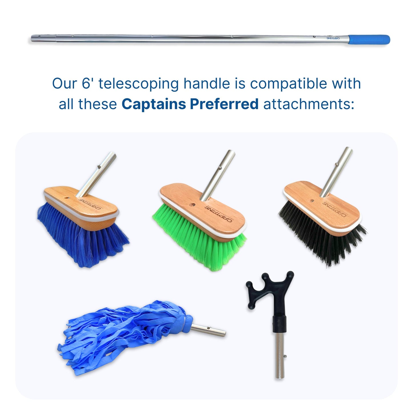 Boating attachments compatible with Captains Preferred Products' handle.