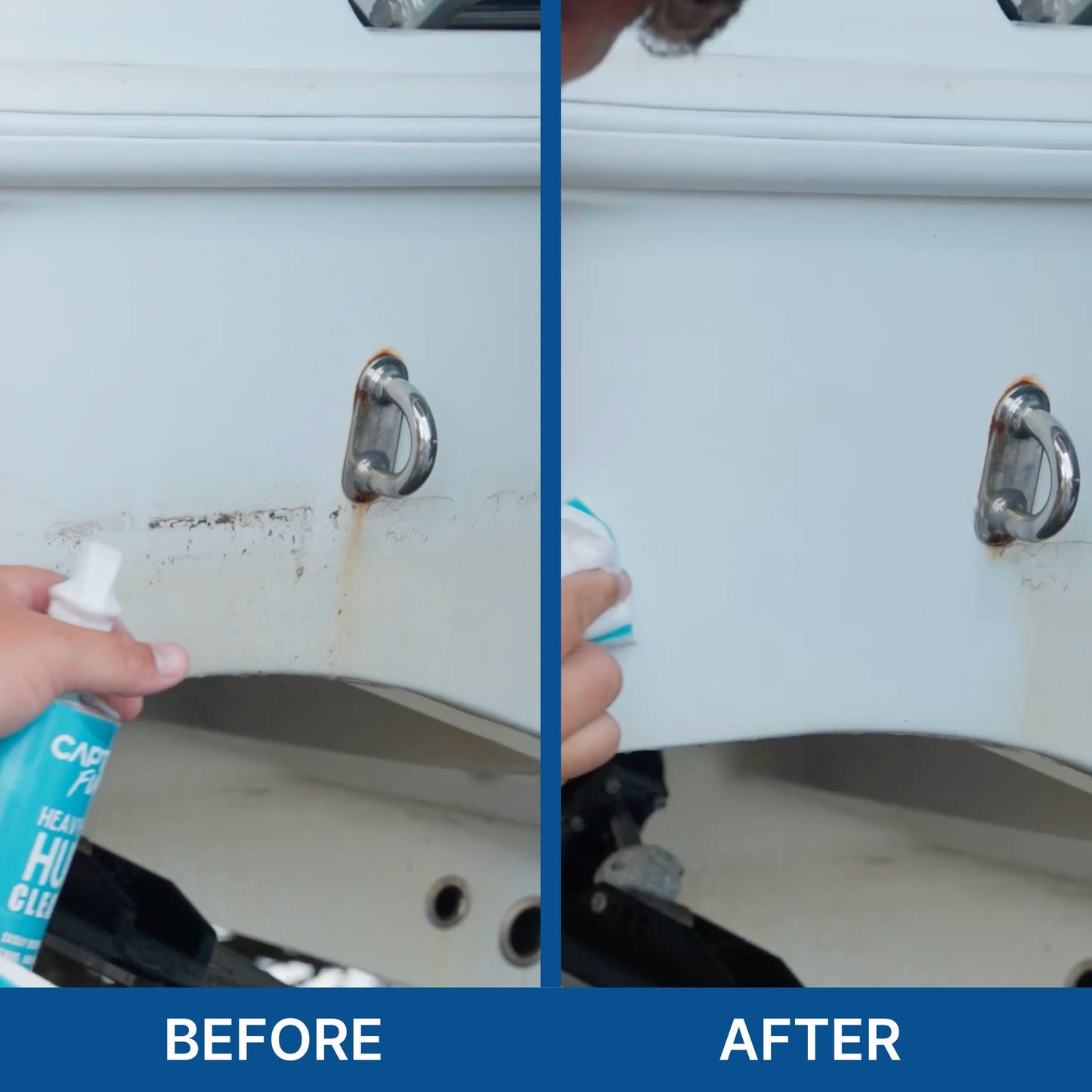 Before and after using Captain's Fury Hull Cleaner.