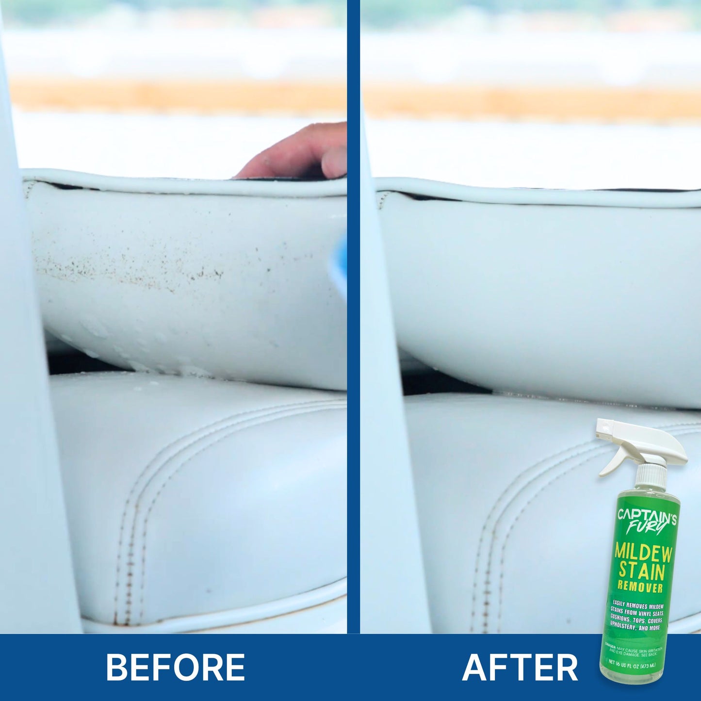 Before and after using mildew stain remover.