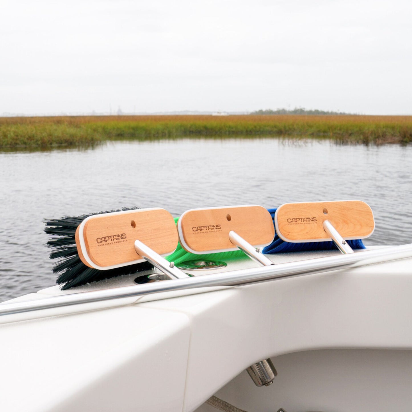 The 3 Boat Brush Kit from Captains Preferred Products with three bristle types for different boat surfaces.