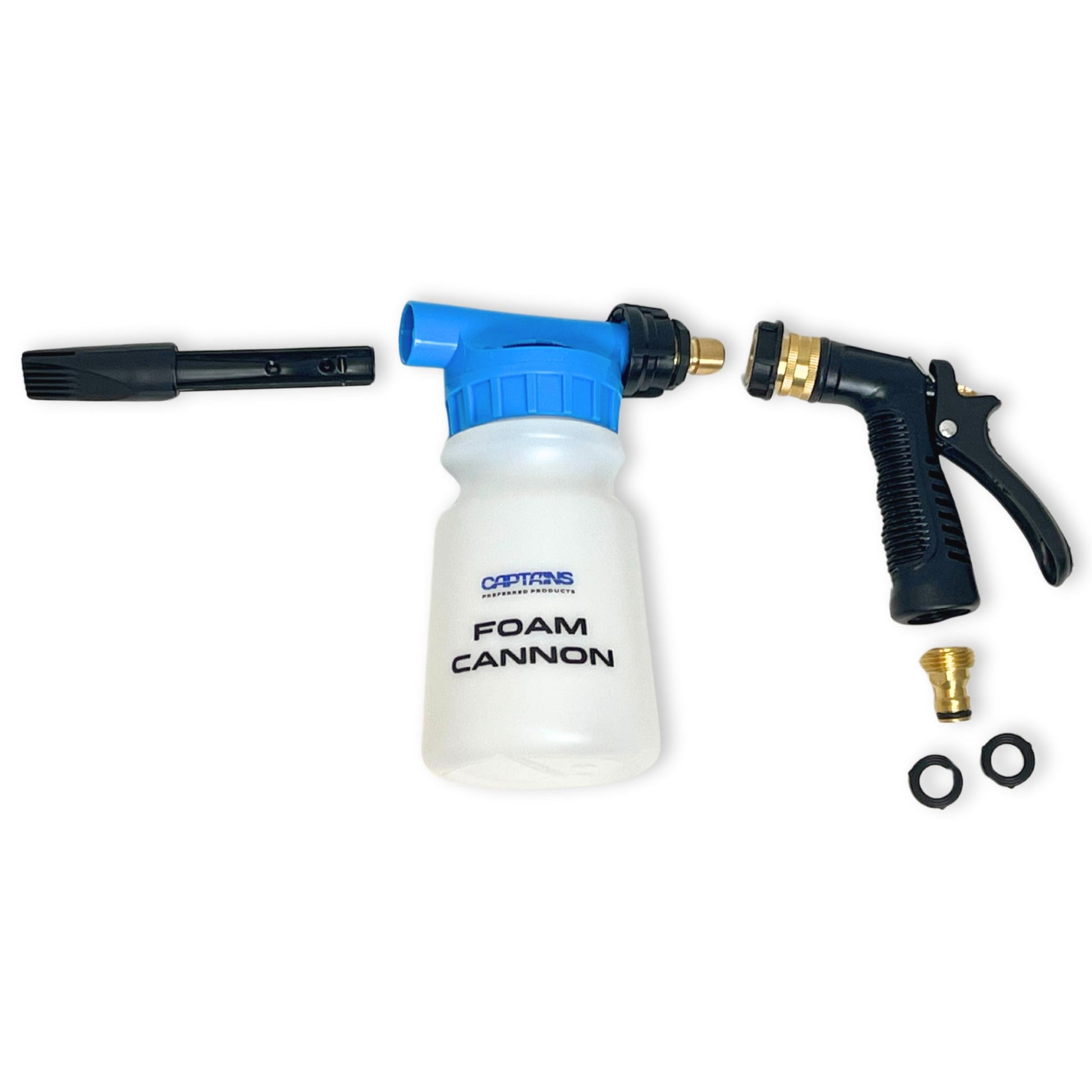 Foam cannon disassembled to show parts.