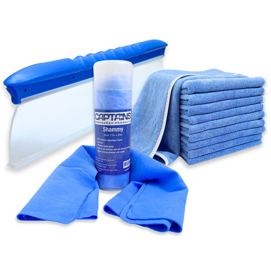 A water blade, shammy, and microfiber cloths for boat drying.