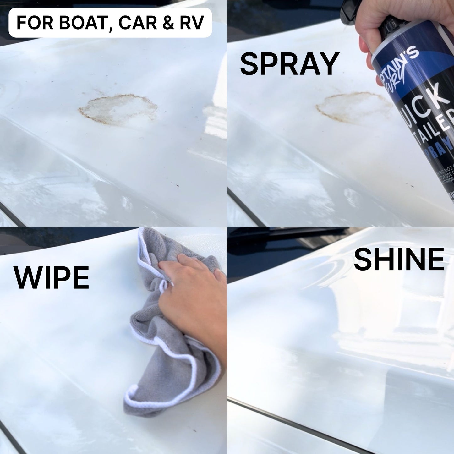 Steps to use Captain's Fury Quick Detailer Spray for a waterless wash on boats, cars, and RVs.
