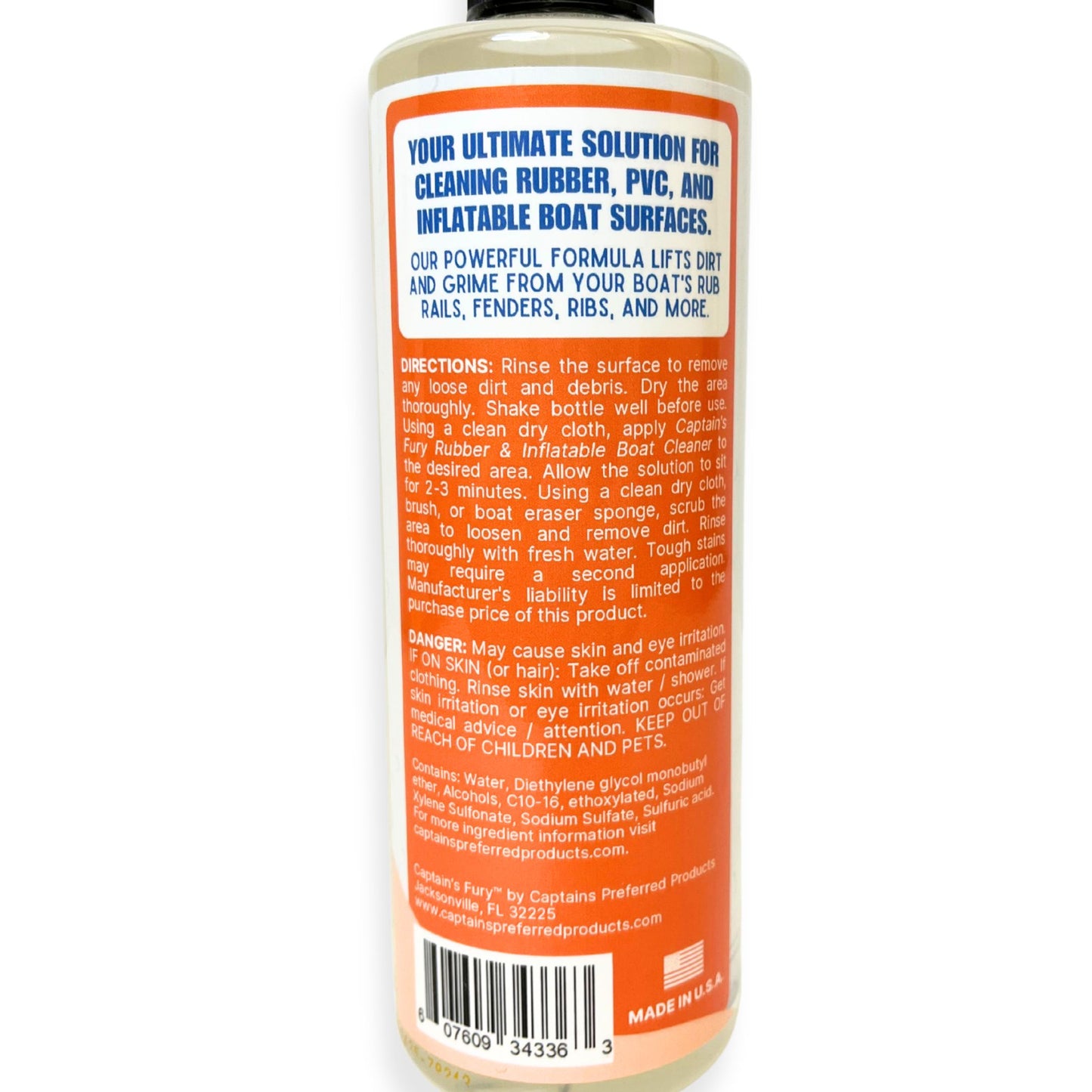 Captain's Fury Rubber and Inflatable Boat Cleaner back of bottle.
