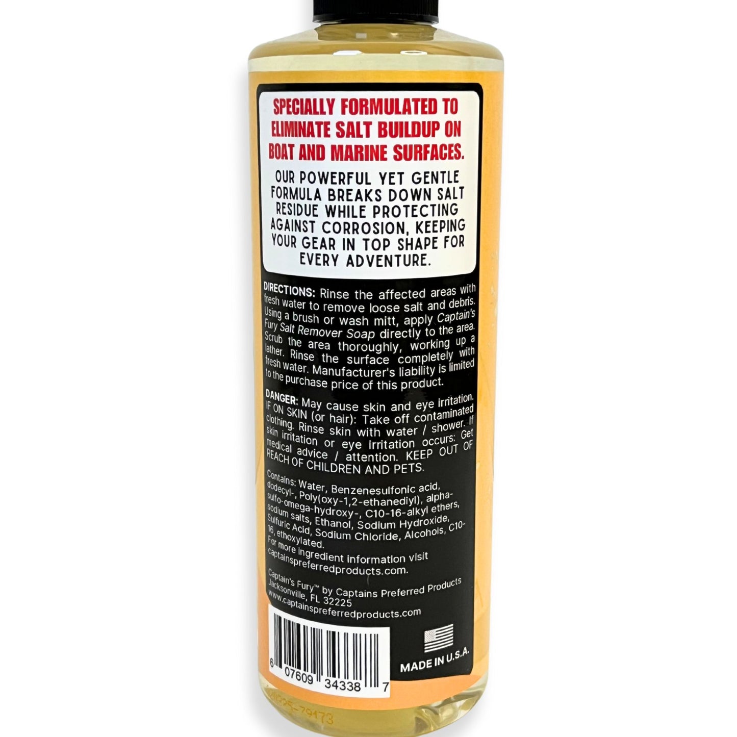 Captain's Fury Salt Remover Soap back of bottle.
