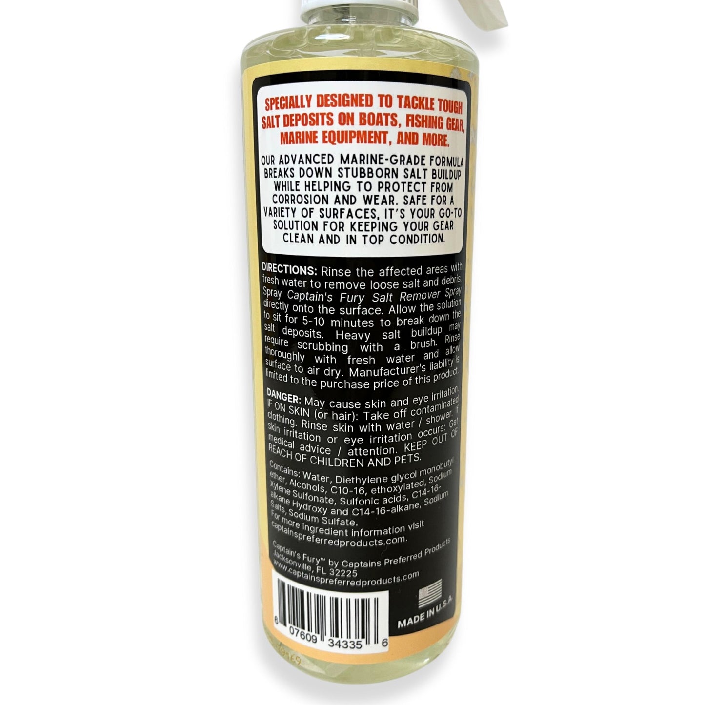 Captain's Fury Salt Remover Spray back of bottle.