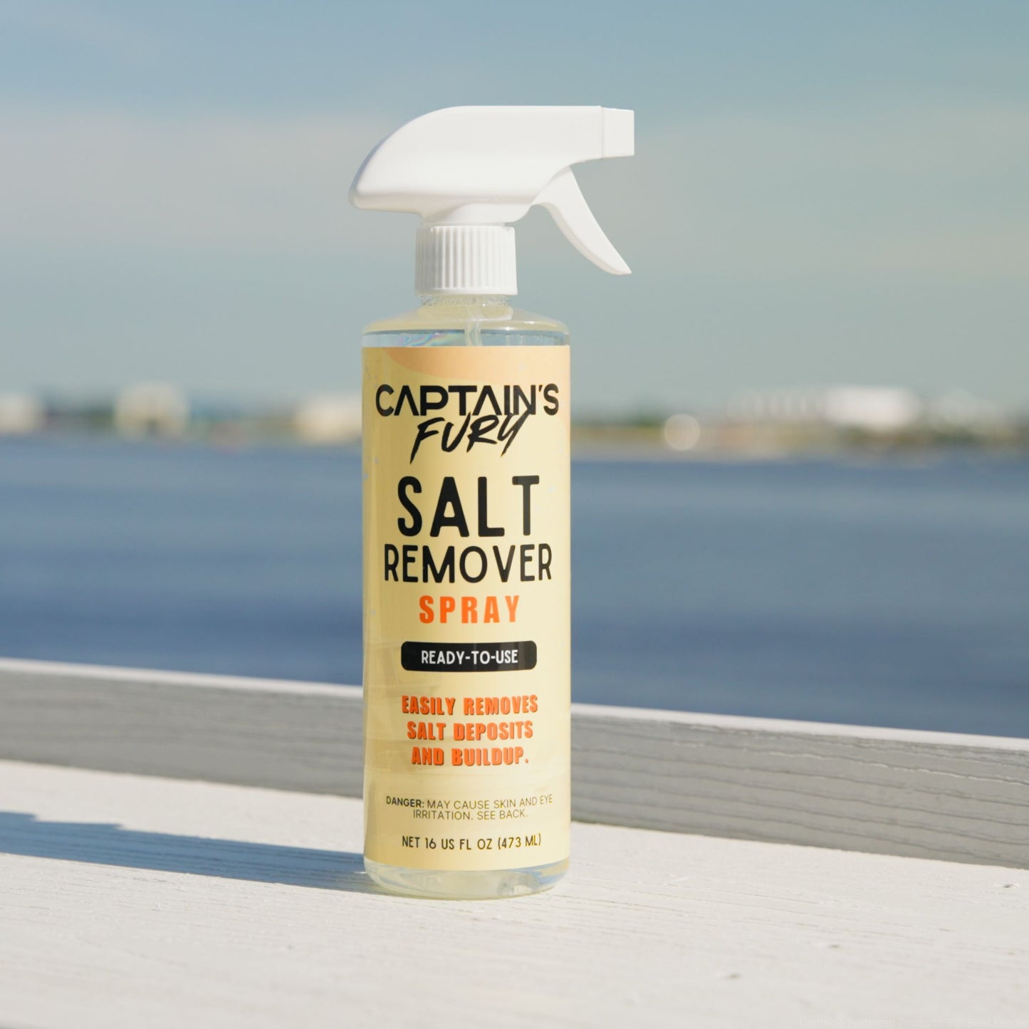 Captain's Fury Salt Remover Spray for neutralizing salt on boat and marine gear.