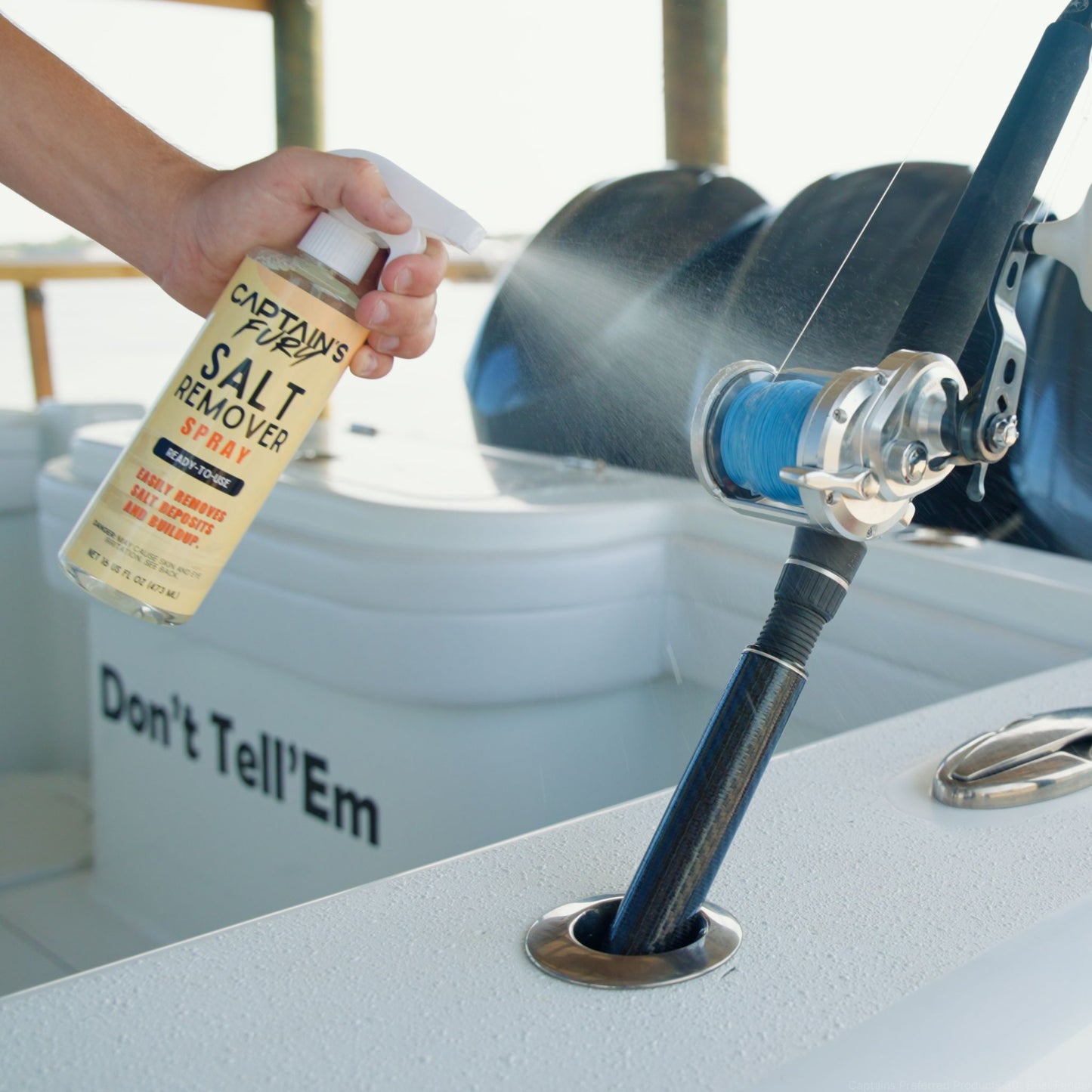 Salt remover spray for fishing gear, reels, and rods.