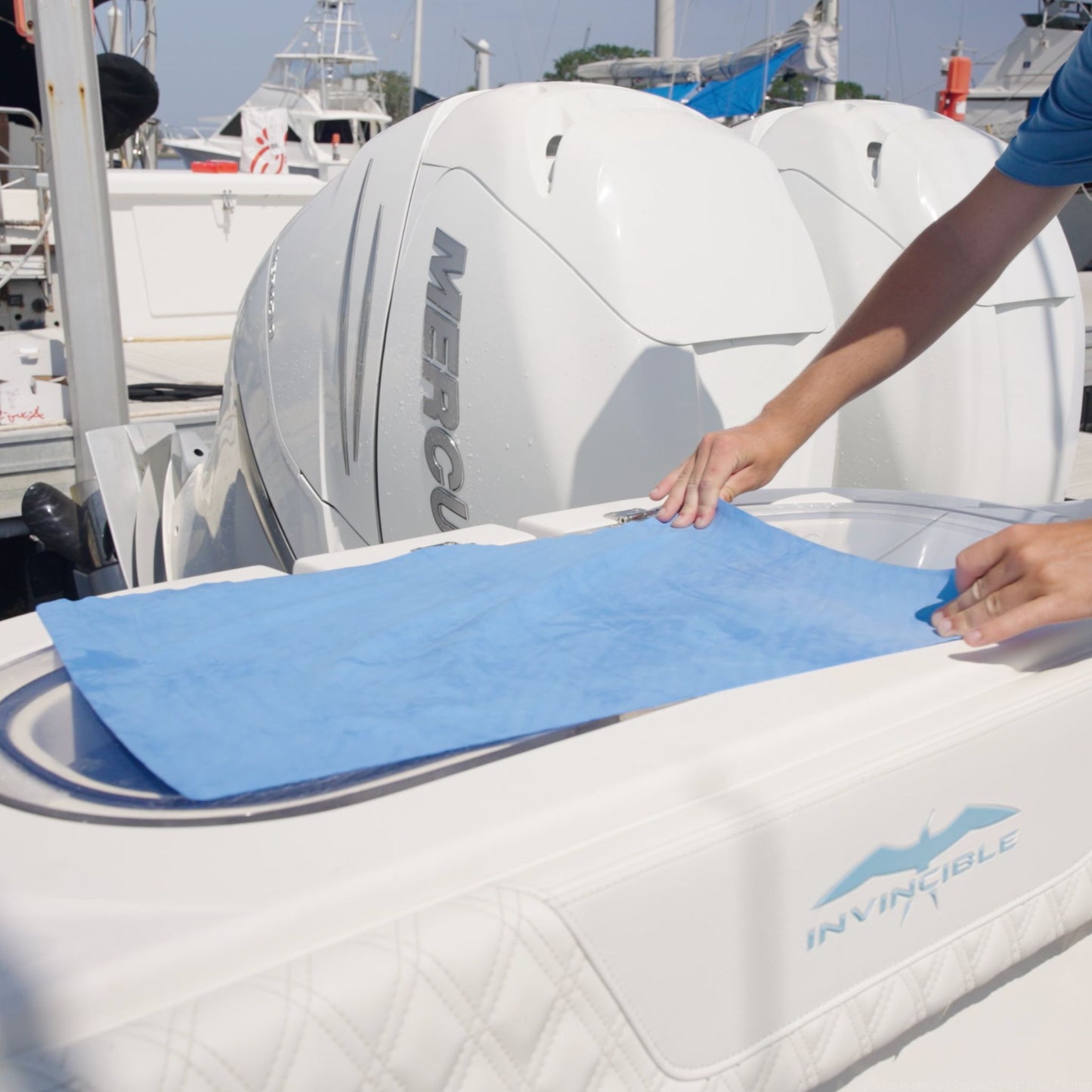A shammy towel used to dry a boat transom.