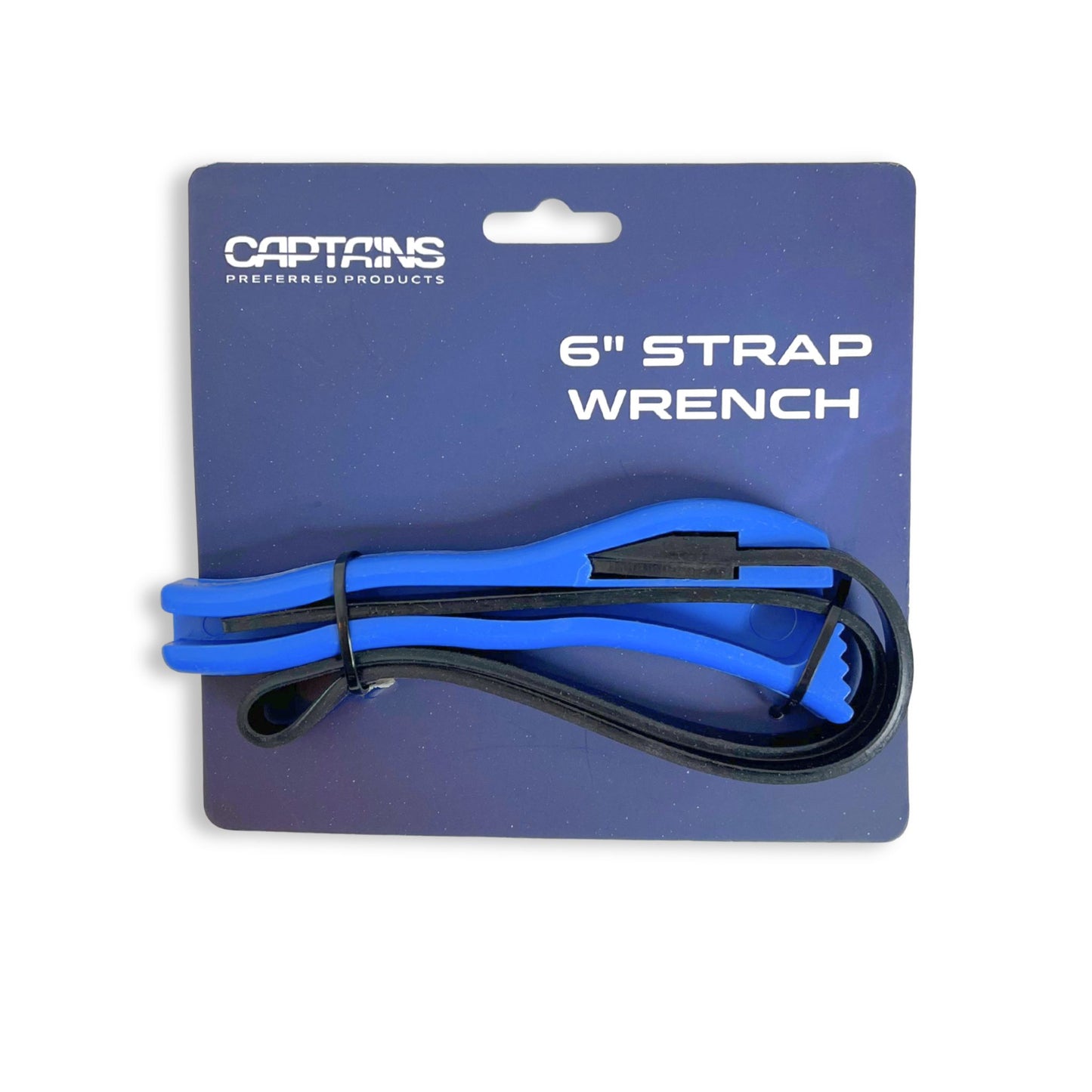 Captains Preferred Products 6 inch strap wrench with blue handle and rubber strap.