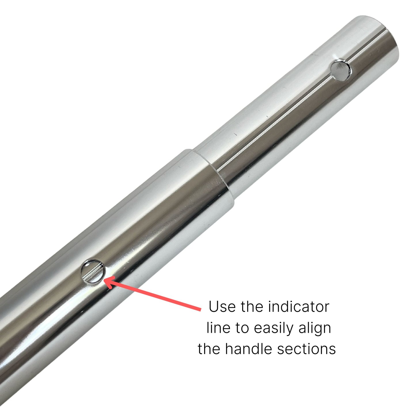 Telescopic boat handle with indicator line for aligning sections of the handle when adjusting length.