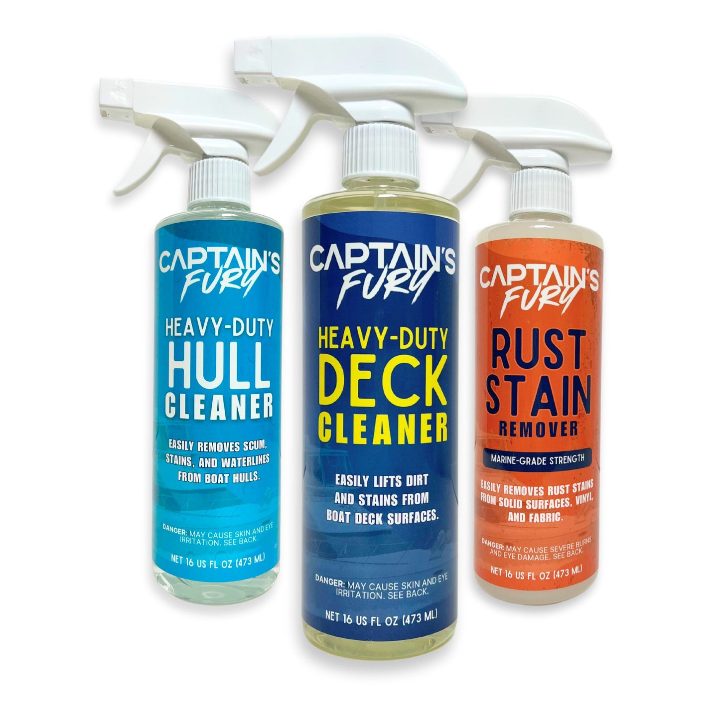 Captain's Fury Triple Threat boat cleaner bundle with deck cleaner, hull cleaner, and rust remover for boats.