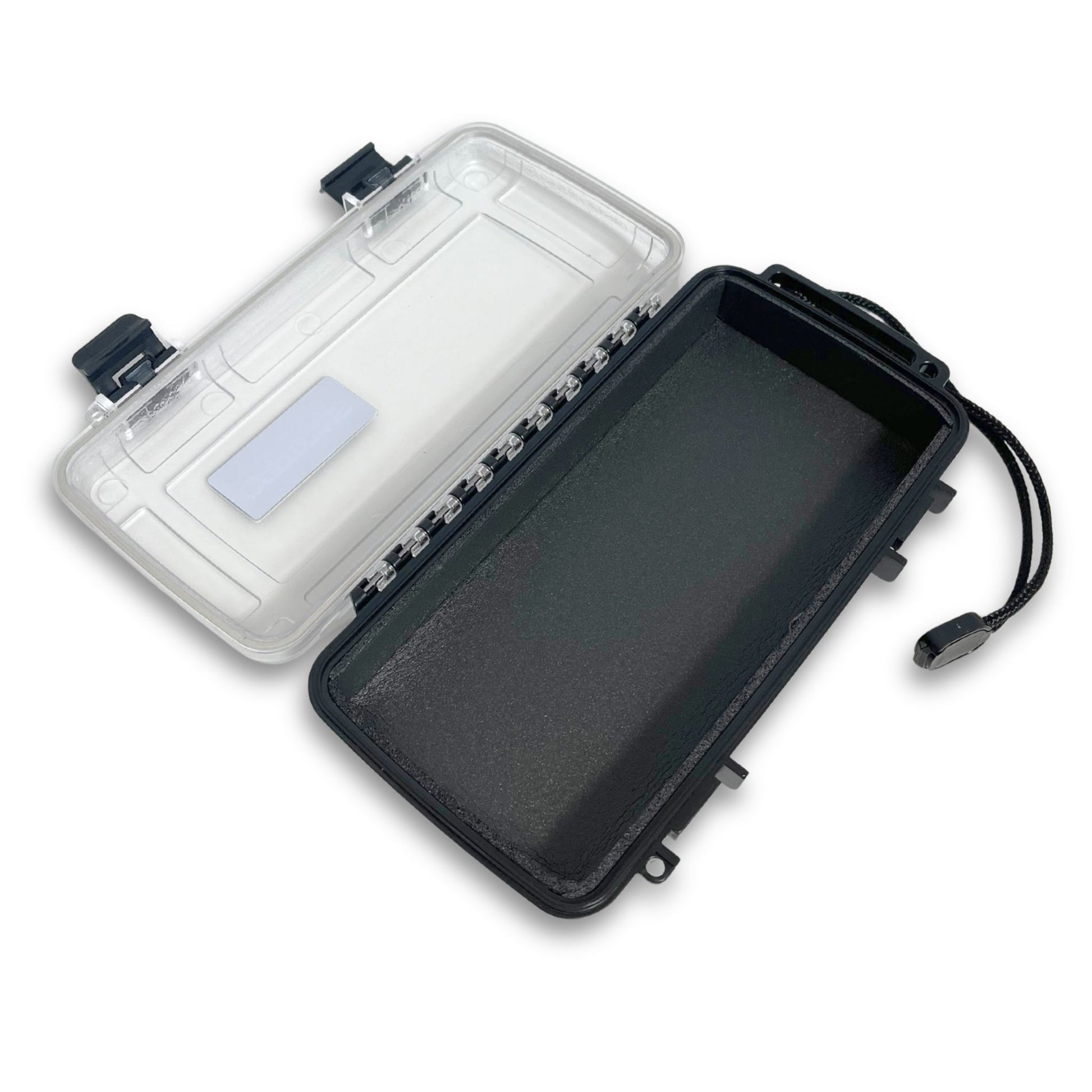 Inside of a dry box with foam insert for keeping your valuables dry while boating.