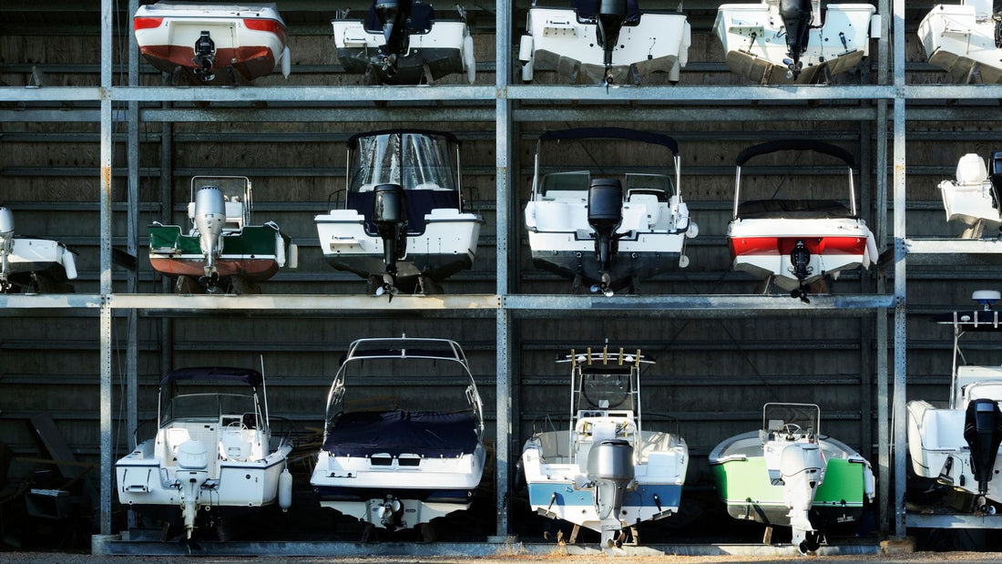 Boats in dry stack storage in three rows.