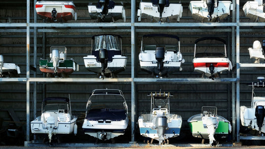 Boats in dry stack storage in three rows.