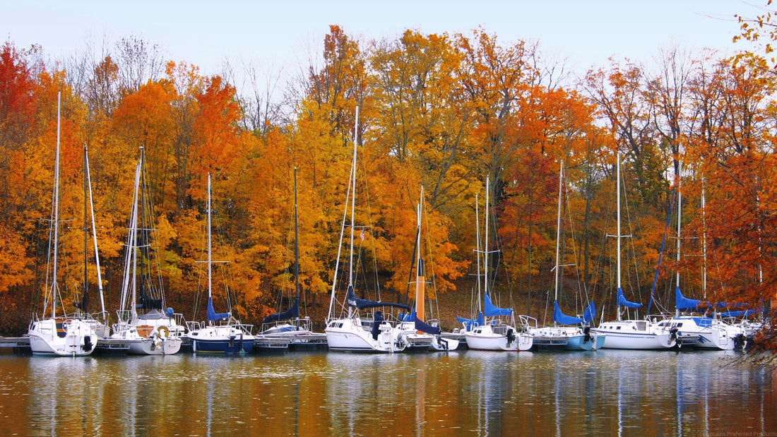 Boats along the dock with fall foliage along the waterline.
