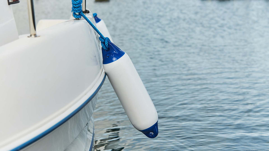 A boat fender tied to the side of a boat on the water.