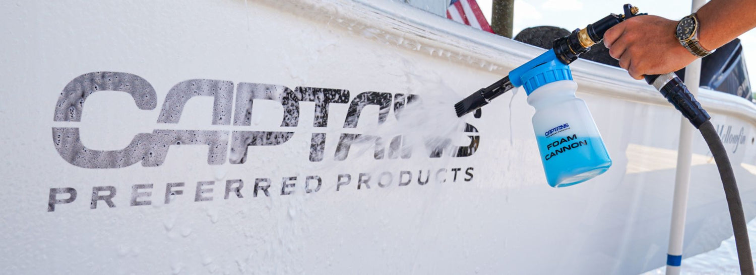 Foam cannon for hose cleaning a boat with Captains Preferred products logo on the side.