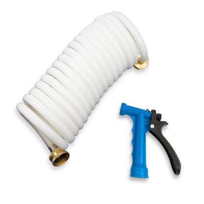 15ft white boat hose with blue nozzle