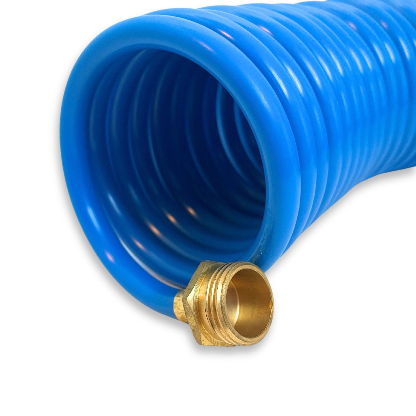 Male brass end of coiled boat hose.