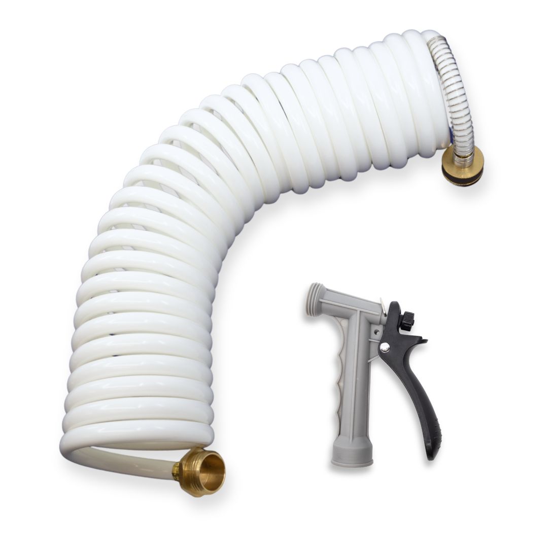 25 foot white boat hose with gray corrosion-resistant nozzle.