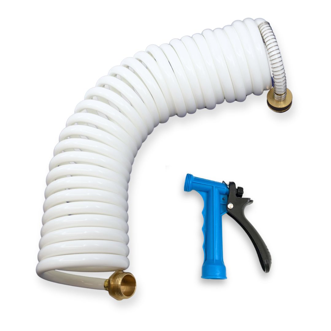 White boat hose with blue spray nozzle